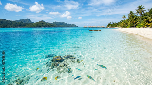Tropical Beach Backgrounds Photo Set in Realistic Style. A collection of paradise island scenery, including clear water, coral reef, fish, palm trees, mountains, boat, and more. High Res.
