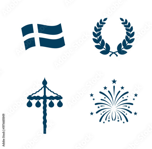 Collection of symbolic icons including flag laurel wreath lamp post and firework explosion