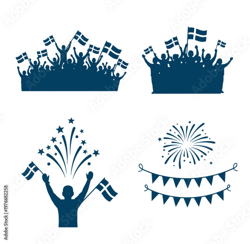 Danish flags waving people celebrating festive bunting and fireworks on white background