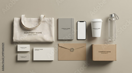 Modern Corporate Branding Identity Mockup Kit with Tote Bag, Business Cards, Notebook, Packaging and Digital Devices in Minimal Studio Flat Lay