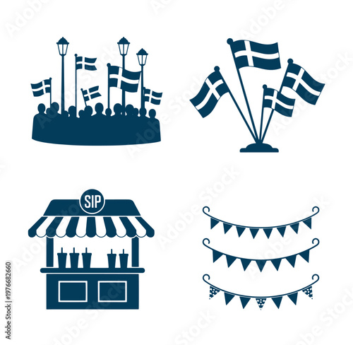 festival celebration icons with flags banners and food stand graphics