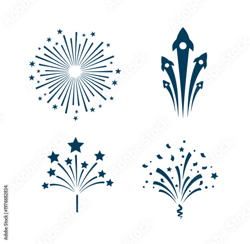 fireworks icons with stars and lines on white background