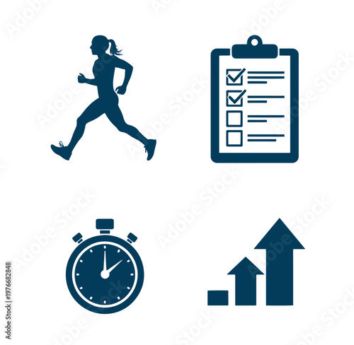 Fitness and productivity icons including a running woman clipboard checklist stopwatch and growth chart