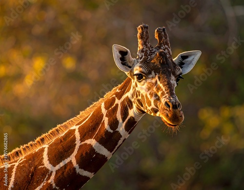 Close-up of giraffe head, showing spotted pattern, in golden sunlight