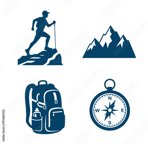 hiking icons with mountain climber backpack and compass  outdoor adventure symbols