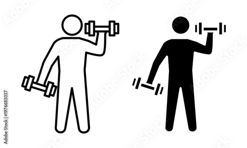 Workout person lifting weights icon outline and glyph for health and fitness activity illustration