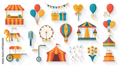 Festive collection of carnival and party elements, vibrant flat vector graphics featuring festive decorations, confetti, and carnival items, perfect for social media, event promotions