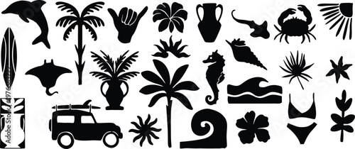 Tropical summer silhouette set with beach icons, palm trees, marine animals and travel elements. Black vector collection for vacation design, ocean theme graphics and resort branding. Isolated shapes 