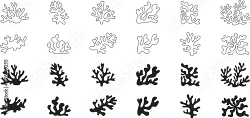 Minimal coral reef vector set with line and solid seaweed shapes, abstract ocean flora collection for marine design. Clean isolated underwater elements for coastal graphics, patterns and decorative 