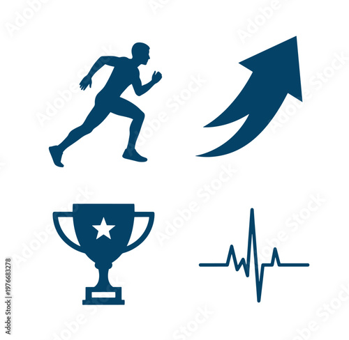 icons of running man trophy arrow and ecg graph on white background