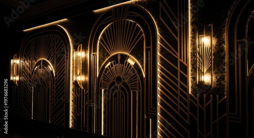 A luxurious interior with golden arches and elegant lighting fixtures