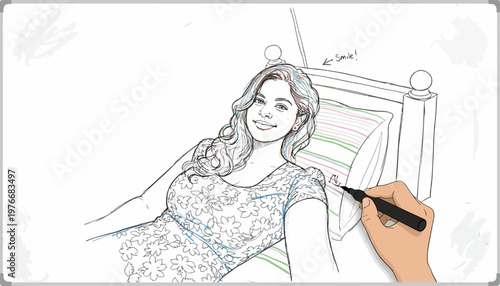 Artist sketching elegant woman in lace dress with pencil on textured paper