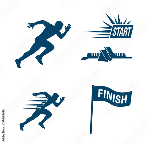 running man start and finish line icons for business concept