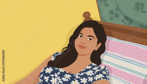 Young Woman Relaxing in Bed with Yellow Wall and Floral Duvet, Casual Lifestyle Illustration