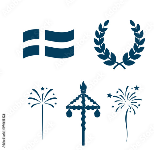 Set of five icons including flags laurel wreath firework and lamp post on white background