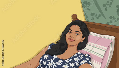 Young woman relaxing on cozy bed with floral pajamas in bright bedroom, cheerful morning lifestyle