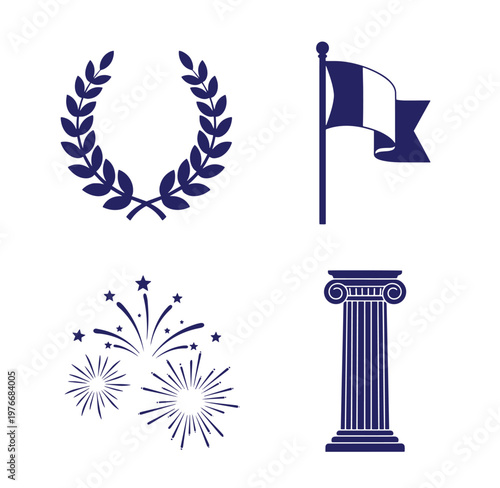 Set of victorious and celebratory icons including laurel wreath flag column and fireworks on white background
