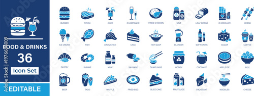 Food and Drinks 36 solid icon set. Featuring burger, steak, juice, coffee, dessert, meal, beverage, cooking, kitchen, menu elements for UI, UX, apps, web, editable, scalable design assets collection.