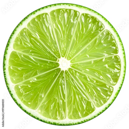 Close-up of a fresh lime slice, vibrant green color, isolated on white