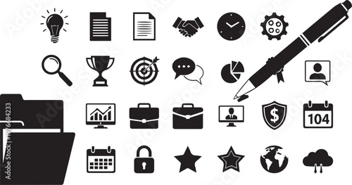 Business Success and Corporate Strategy Vector Icon Set with Finance Marketing and Office Management Silhouettes