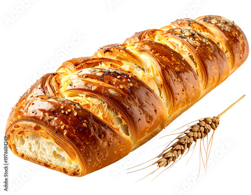 Golden braided loaf with seeds, served with a wheat stalk