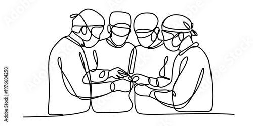 A continuous line drawing depicting a collaborative medical surgical team working in a hospital. Vector, illustration
