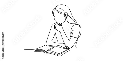 Continuous line drawing of a pensive young woman sitting and reading a book at a simple table. Vector, illustration
