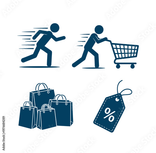 Shopping icons with people running with shopping cart and bags with discount tag