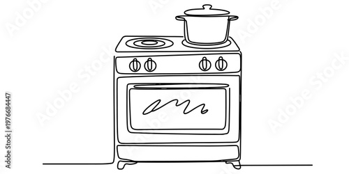 A continuous line drawing of a kitchen stove featuring a pot resting on top of the burner surface Vector, illustration