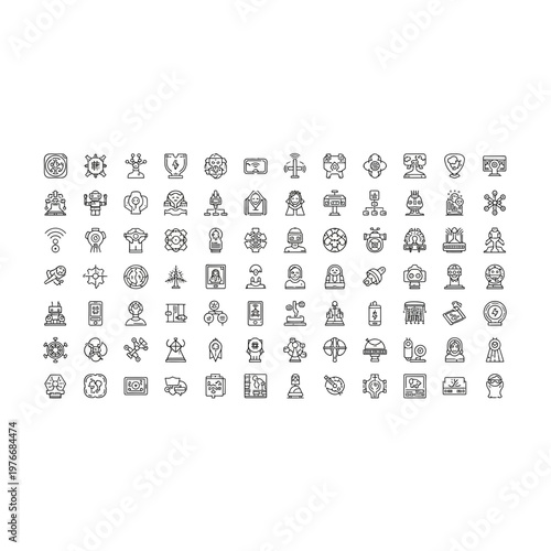 Collection of one hundred various minimalist line art icon symbols with abstract