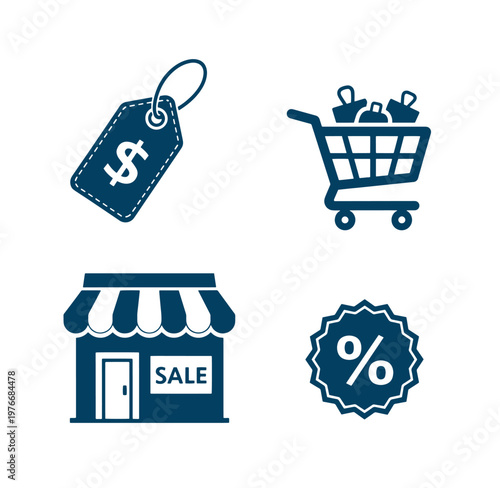 Shopping icons with sale tags and a cart on white background