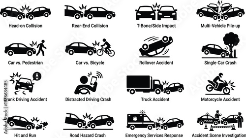 Vector illustration set of ants and a collection of transportation icons featuring a car, truck, and bus silhouette design