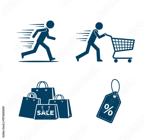 shopping sale concept with running man and shopping cart and bags