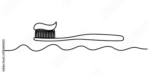 A simple black and white line drawing of a toothbrush with a blob of toothpaste on the bristles Vector, illustration