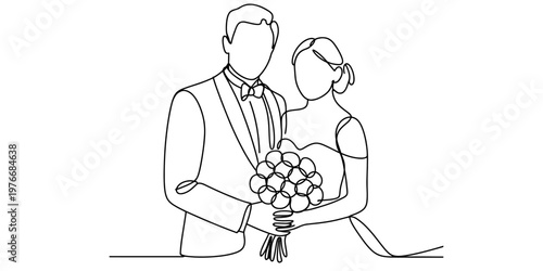 A continuous line drawing depicting a newlywed couple holding a beautiful bouquet of flowers Vector, illustration