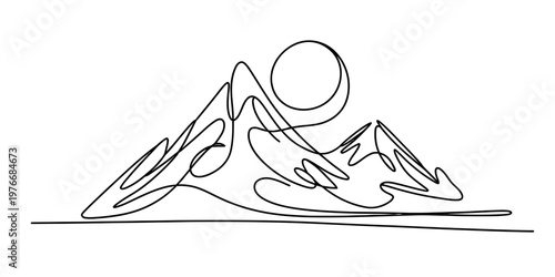 Photos Minimalist continuous line drawing of a mountain range silhouette with a bright sun overhead