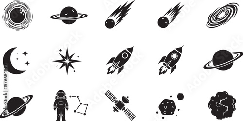 Space Exploration and Astronomy Vector Icon Set Featuring Planets Rockets Astronaut and Celestial Bodies
