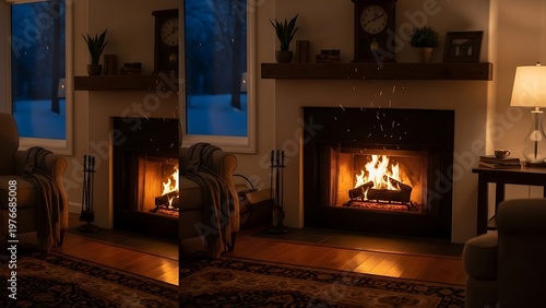 Cozy Living Room with Two Fireplaces Burning Brightly at Night.