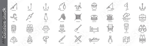 Fishing and angling icon set – editable outline symbols of fishing gear, bait, tackle, boat, fish finder and outdoor equipment