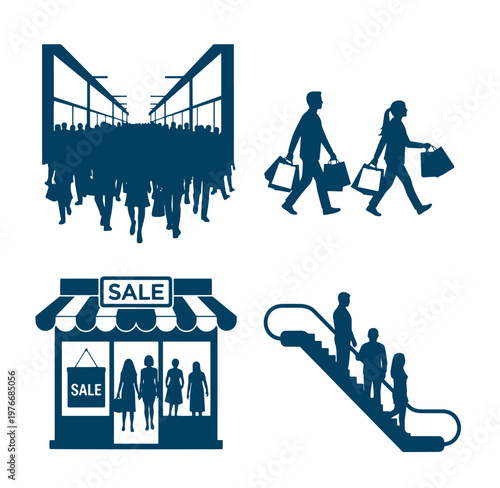 Silhouettes of people shopping and walking in a mall or shopping center with sale signs