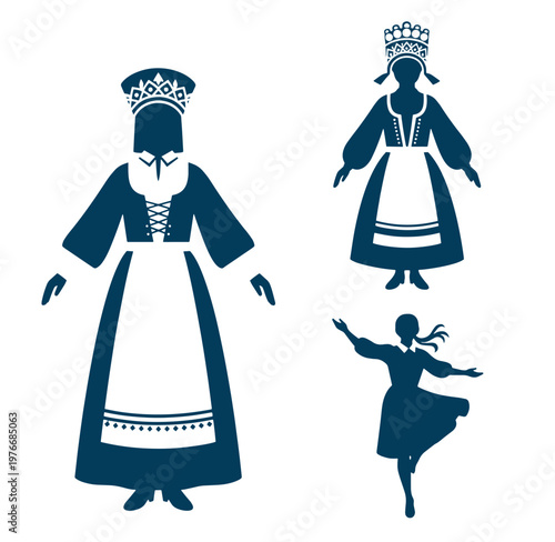 Silhouettes of women in traditional dresses and a dancer isolated on white background