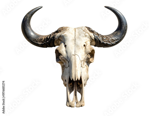 A weathered, complete, large horned skull on white