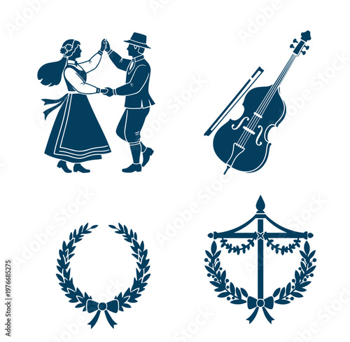 Traditional folk dance couple and musical instrument illustrations with laurel wreath designs