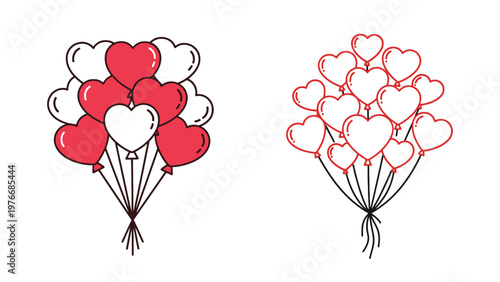Two charming bunches of heart-shaped balloons, one with solid red and white, the other with red outlines, perfect for romantic celebrations and Valentine's Day vector illustration.