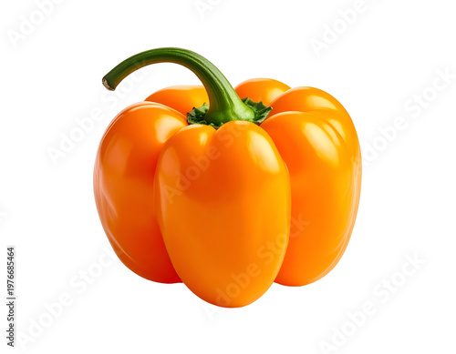 Vivid orange bell pepper with a glossy sheen and green stem