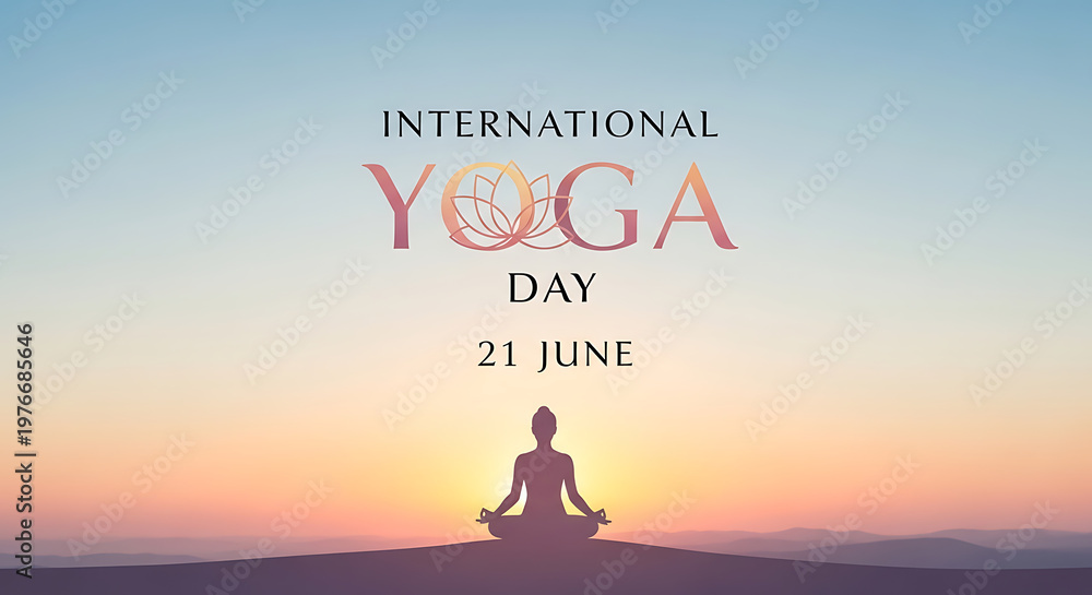 Fototapeta premium International Yoga Day Celebration with Meditating Silhouette at Sunset, Promoting Peace and Wellness on 21 June