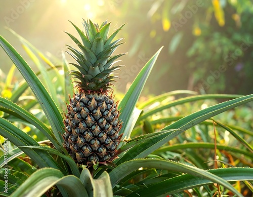 Close-up of a fresh pineapple plant, illuminated by sunlight