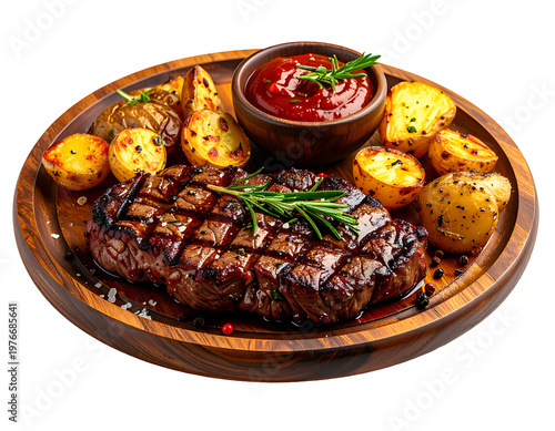 Grilled steak with roasted potatoes and sauce on a wooden plate