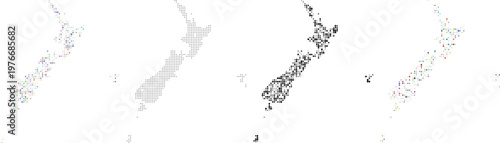 Geometry dotted pattern New Zealand vector infographic map design with different size and color pattern art view
