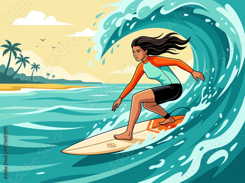 Woman Surfing on a Large Turquoise Ocean Wave Vector Illustration, Tropical Beach Summer Vacation Concept